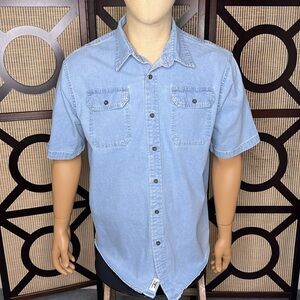Men’s Wrangler Shirt Light Blue Comfort Flex Chambray Short Sleeve Size Large